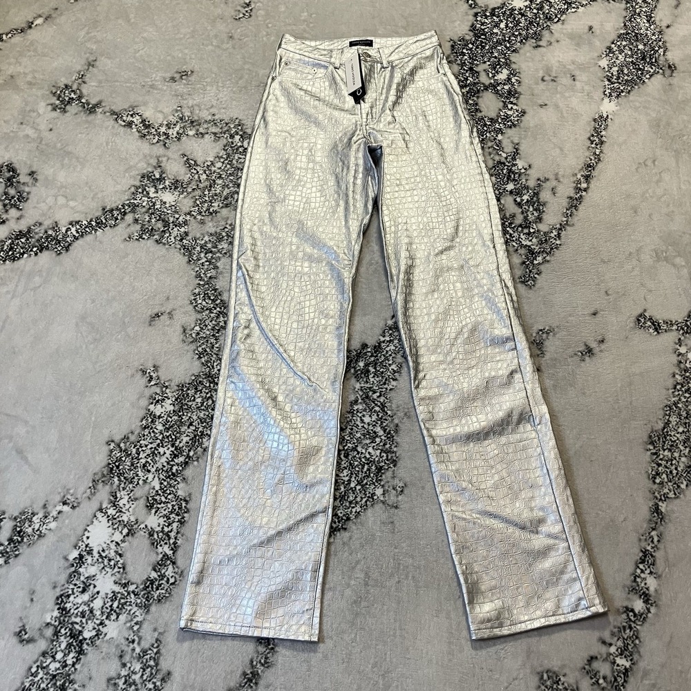 Naked Wardrobe Pants Womens XS Silver Straight Croc Faux Leather Straight‎ Leg